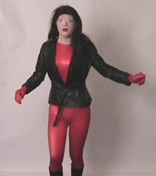 Red outfit with leather jacket